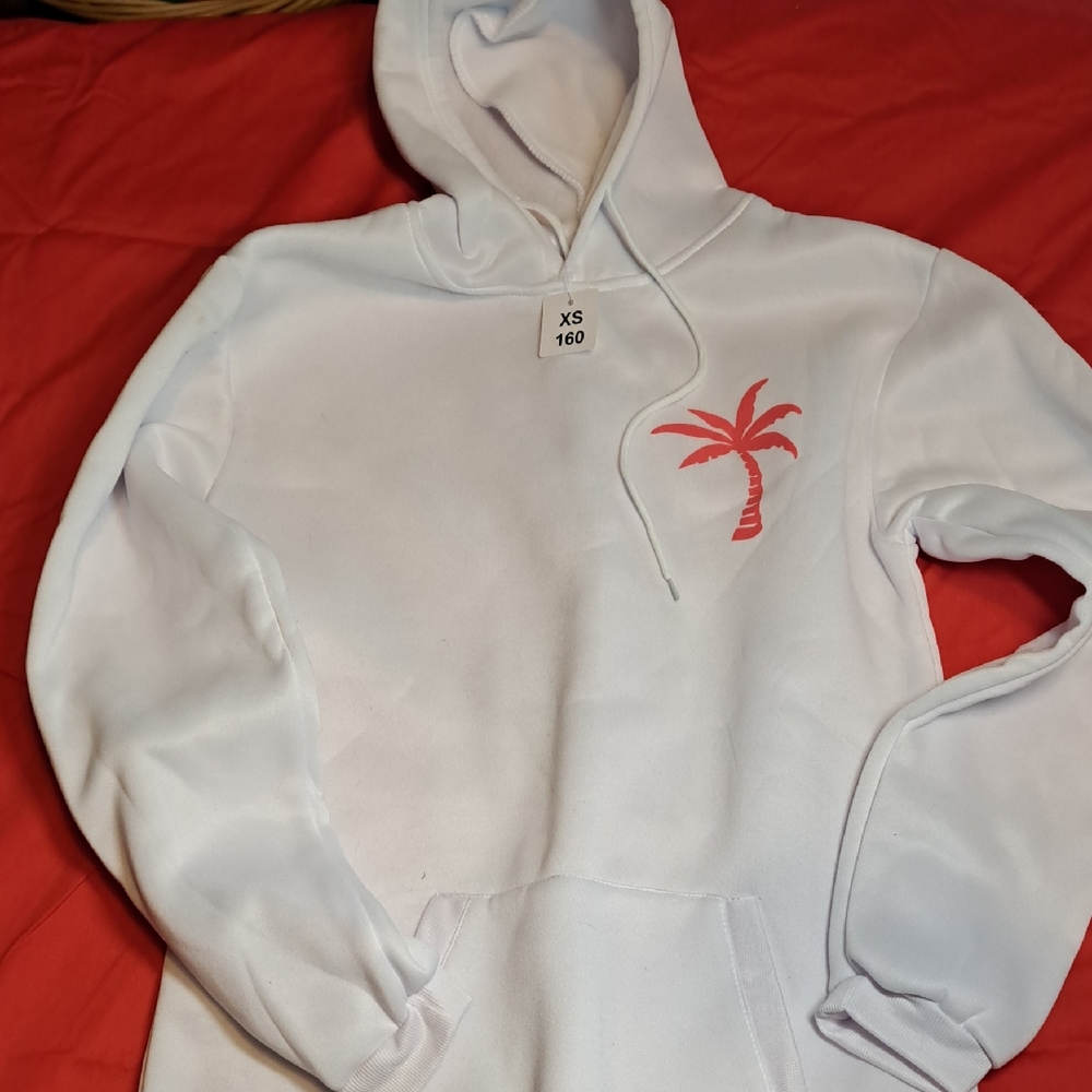 White Hoodie with Red Palm Tree Design